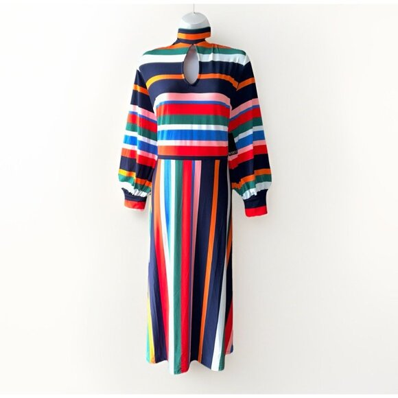 NEW Eloquii A-Line Dress Rainbow Striped Puff Sleeves Women Plus Size 20 Stretch - Picture 2 of 13